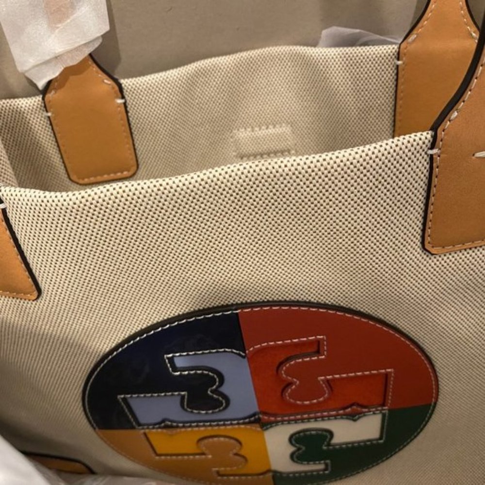 NEW ! Tory Burch Ella Tote Bag  Multi-COLOR Beige Large 17X13" canvas - Picture 2 of 6